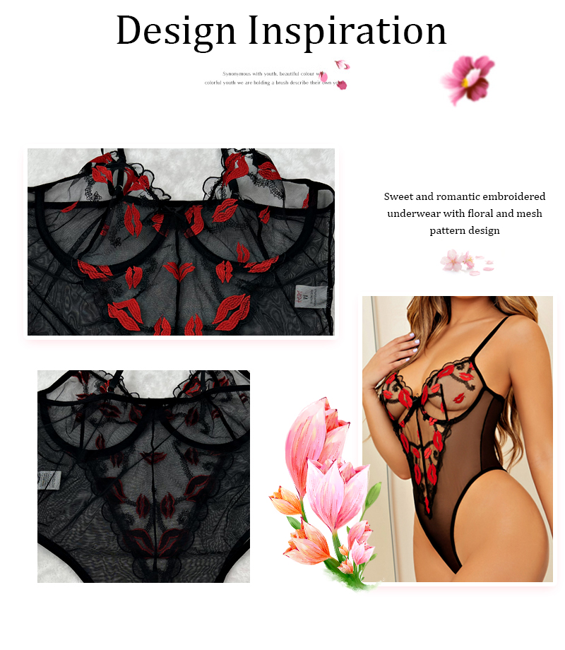 Embroidery Red Lips Sexy Teddy Lingerie