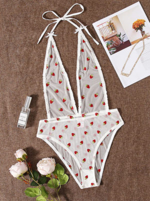 Sexy Teddy Lingerie Embroidey Strawberry